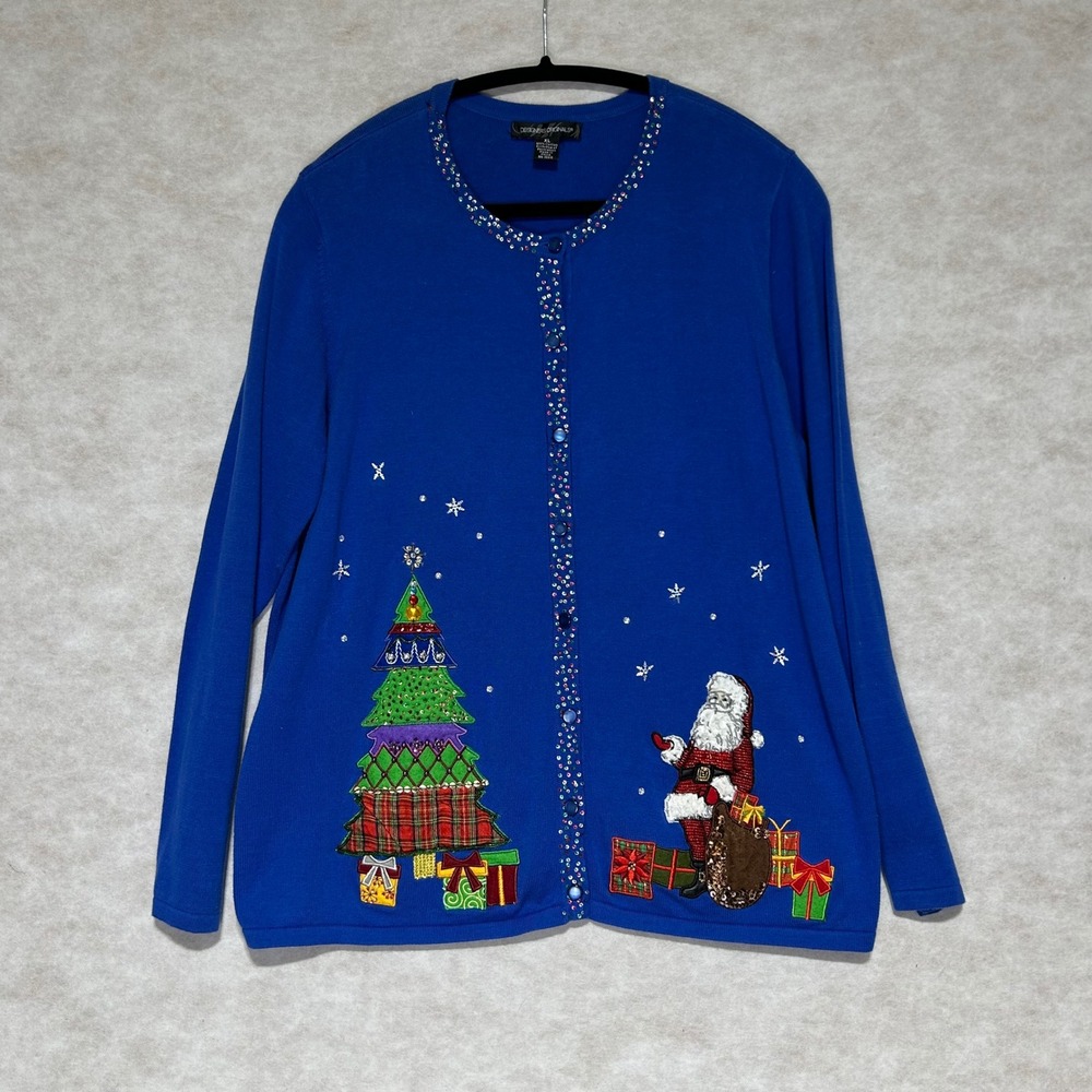Designers Originals Womens XL Royal Blue Santa Christmas Tree Cardigan Sweater